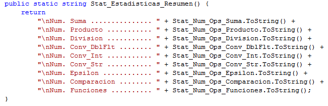 Resumen formateado de estadísticas.
